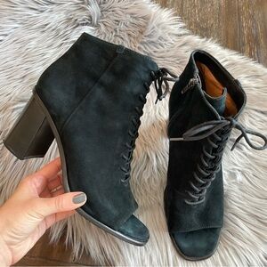 Frye Amy Peep Toe Lace Up Side Zip Suede Leather Booties Womens Size 10 Black